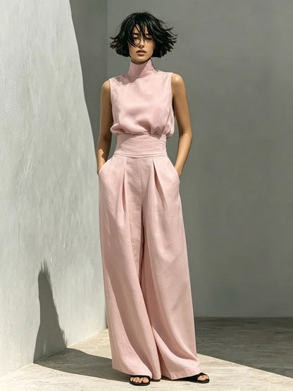 Two Piece Sets Pant Set Maxi Dresses Ecru White High Collar Sleeveless Elegant Sets