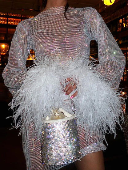 Mock Neck Long Sleeve Sequin Mesh Feather Cuff Bodycon Mini Dress