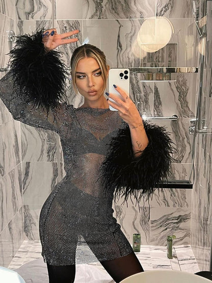 Mock Neck Long Sleeve Sequin Mesh Feather Cuff Bodycon Mini Dress