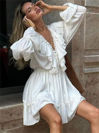 Tossy Ruffled V-Neck White Mini Dress – Long Sleeve Elegant Bandage Fashion Dress