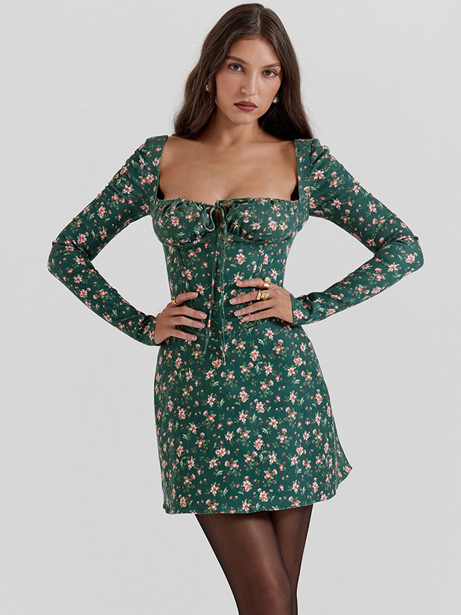 Sweet Sheath Dress Mini Floral Square Neck Long Sleeves Lace-up Mini Dresses