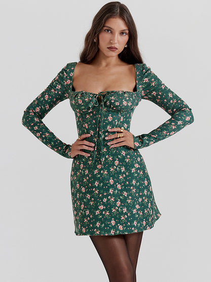 Sweet Sheath Dress Mini Floral Square Neck Long Sleeves Lace-up Mini Dresses