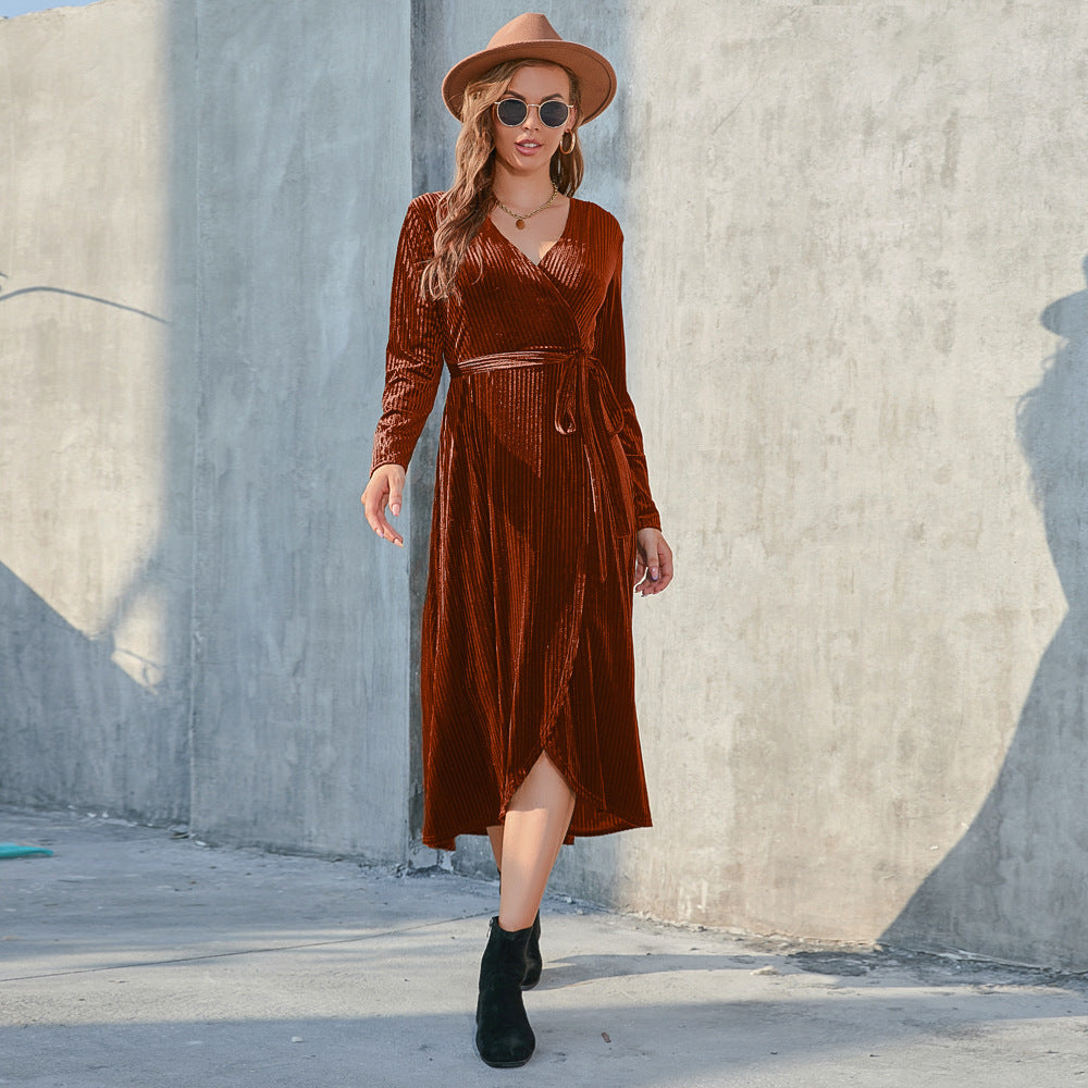 Women’s Autumn Winter Split Lace up Sunken Stripe Gold Velvet Midi Dress