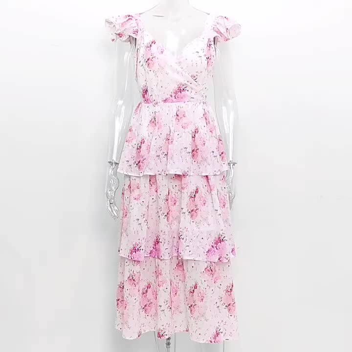 Floral Dress Layered Ruffles Sleeveless Open Back Brunch Party Midi Dresses