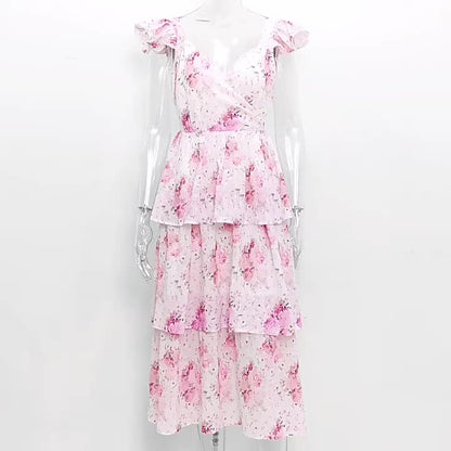 Floral Dress Layered Ruffles Sleeveless Open Back Brunch Party Midi Dresses