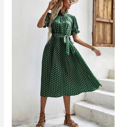 Polka Dot Round Neck Pleated Midi Dress in Multiple Colors