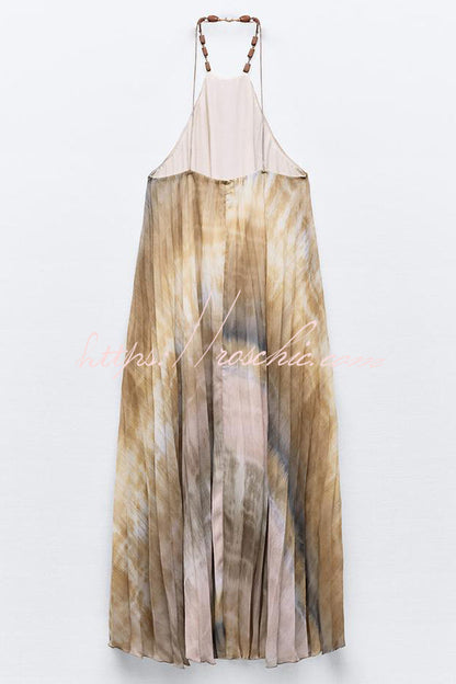Tie-dye Printed Halter Neck Pleated Backless Midi Dress