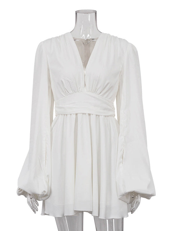 Skater Dresses V-Neck Long Sleeves Pleated Sexy Flared Dress Mini Dresses