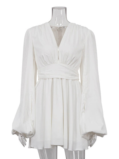 Skater Dresses V-Neck Long Sleeves Pleated Sexy Flared Dress Mini Dresses