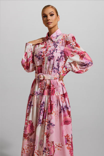 Floral Shirt Collar Midi Dress With Belt