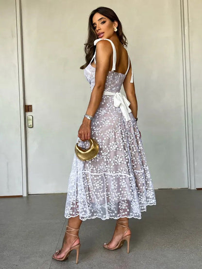Summer Dress Sweetheart Neckline Sleeveless Sheer Casual Midi Dresses
