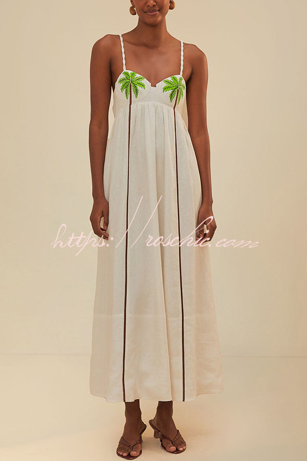 Coconut Tree Print Suspender Backless Large Hem Maxi Dress