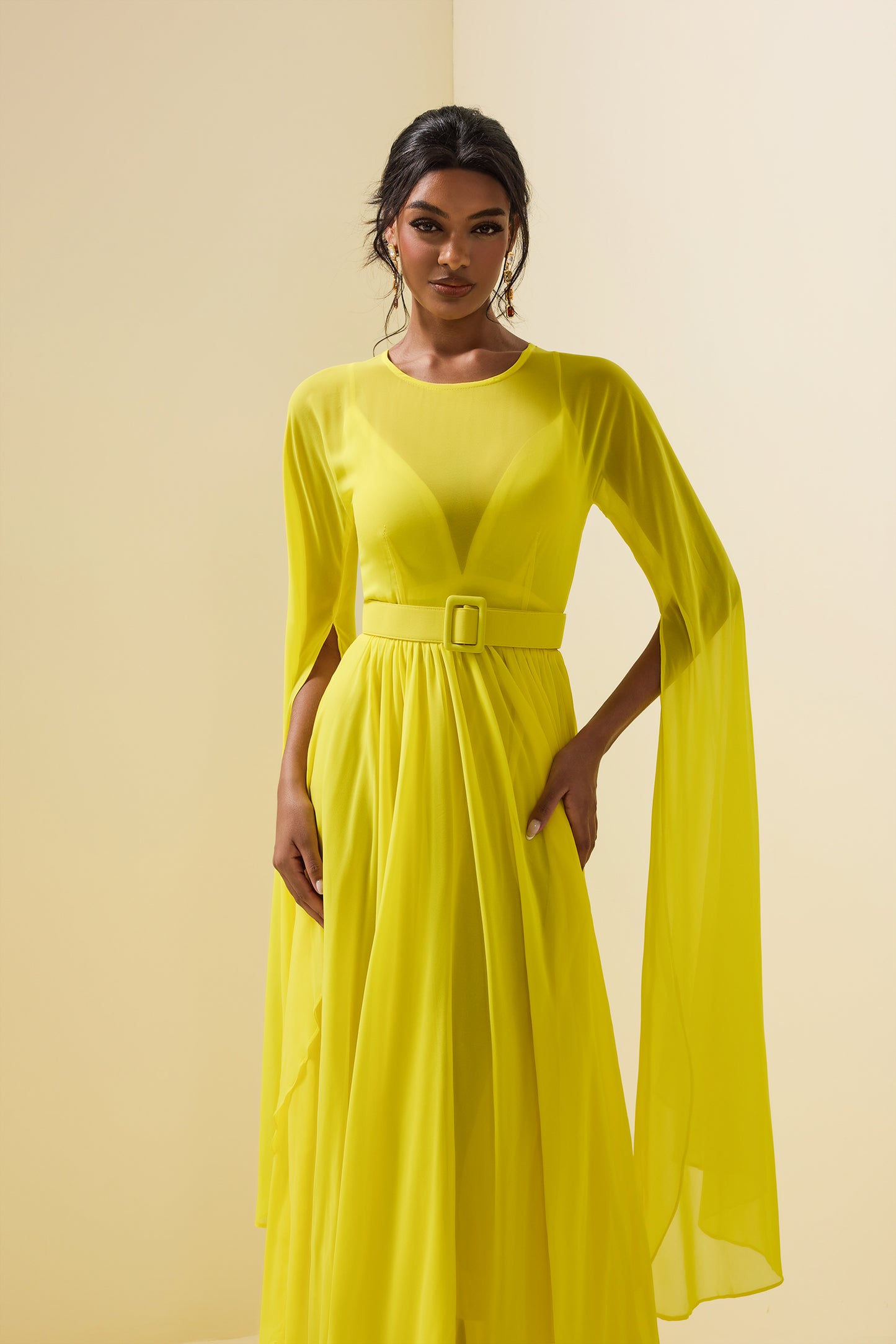 Mesh Solid Cape Sleeve Midi Dress With Belt