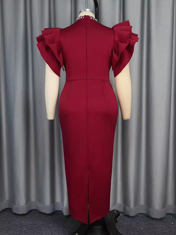 Solid Color Tied Waist Beaded High-Waisted  Bodycon Midi Dresses