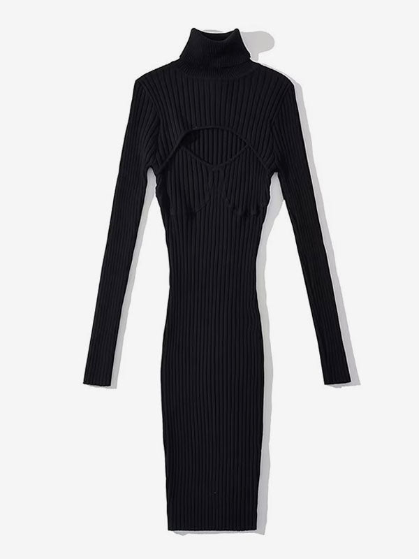Sexy Sweater Dress Polo Neck Long Sleeves Cut Out Bodycon Mini Dresses