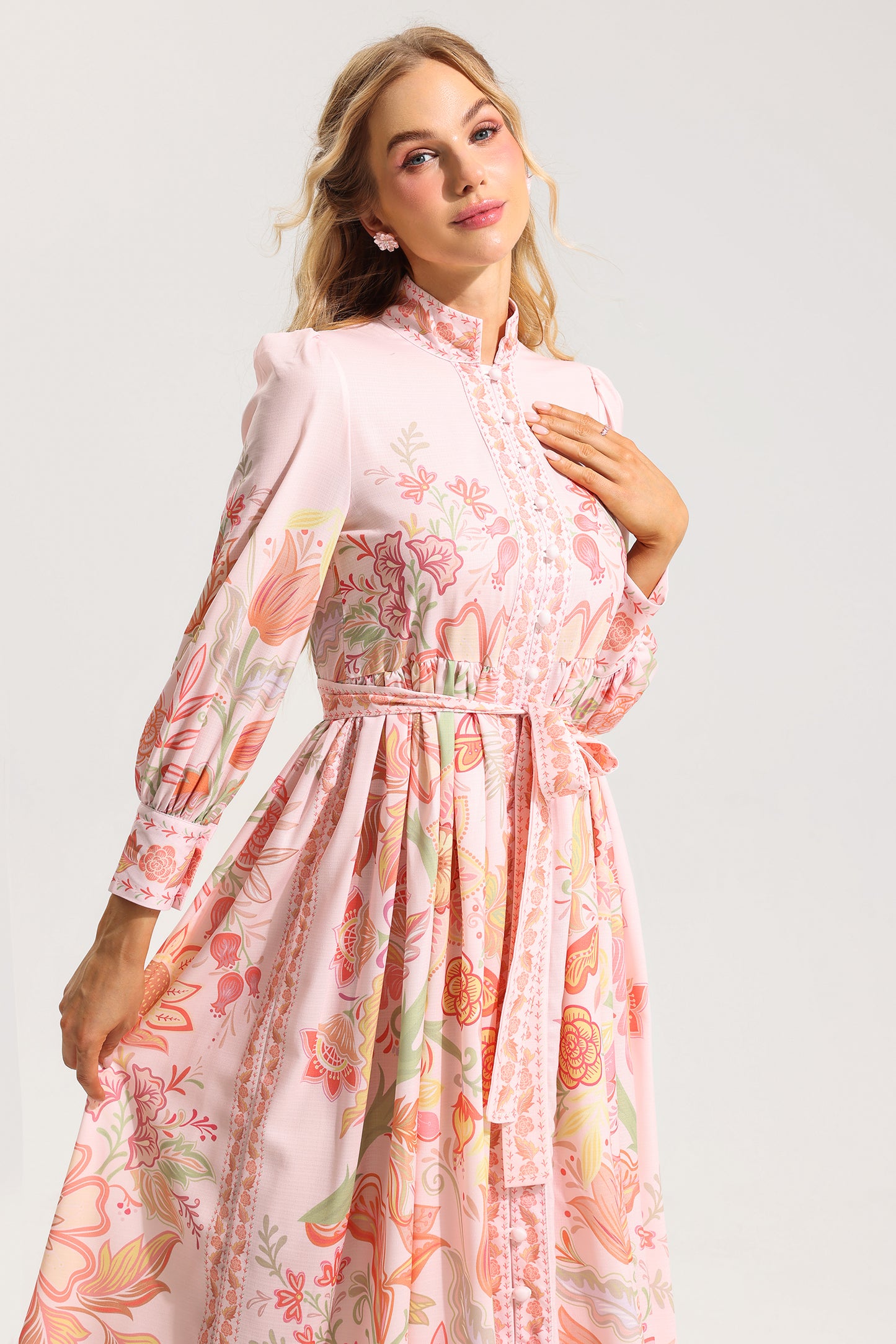 Floral Bottom Lantern Sleeve Midi Dress With Belt
