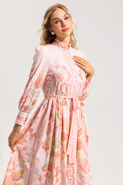 Floral Bottom Lantern Sleeve Midi Dress With Belt