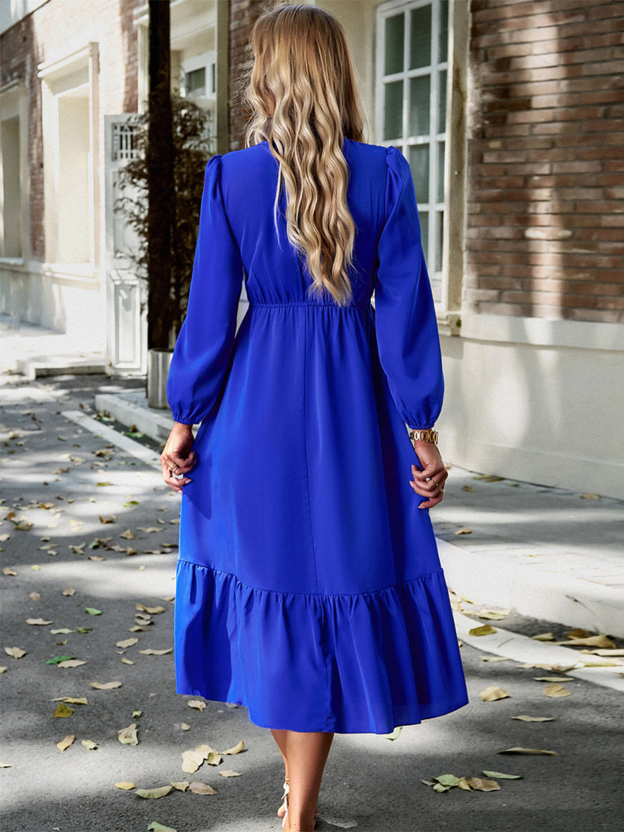 Midi Dress V Neck Lantern Sleeves Pleated Flared Daily Casual Dresses