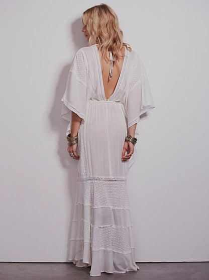 Boho Dress Deep V-Neck White 3/4 Length Sleeves Bohemian Gypsy Beach Vacation Spring Summer Maxi Dress For Women