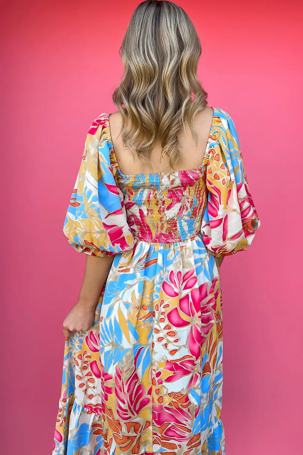 tropical print smocked maxi dress