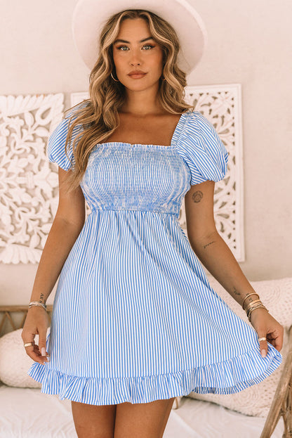 Striped Print Shirred Square Neck Puff Sleeve Mini Dress