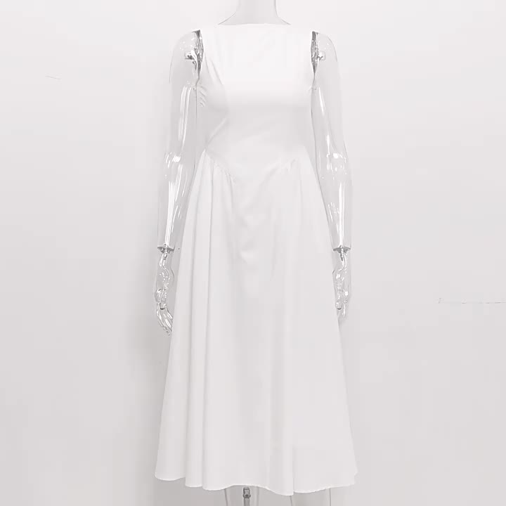 White Dress Boatneck Sleeveless Open Back Brunch Party Midi Dresses