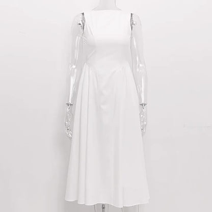 White Dress Boatneck Sleeveless Open Back Brunch Party Midi Dresses
