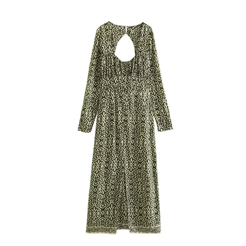 Spring Women’s Elegant V Neck Printed Midi Dress – Floral Print Fashion Dress
