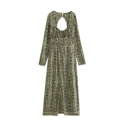 Spring Women’s Elegant V Neck Printed Midi Dress – Floral Print Fashion Dress