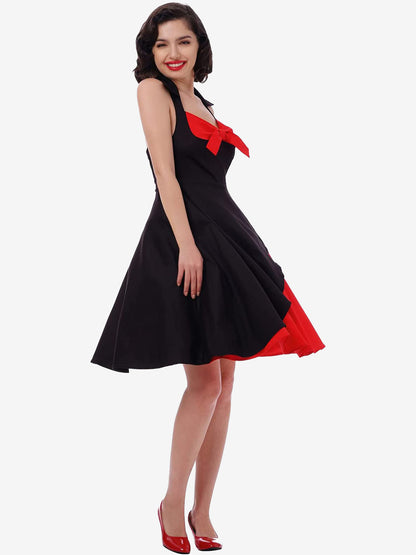 Red And Black Sexy Knot V Neck Halter Party Vintage Dress Women Pin Up Fit And Flare Layered Elegant Midi Dresses