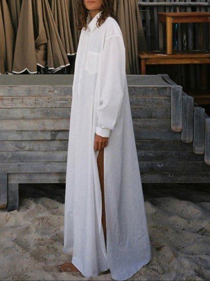 Long Sleeves Loose See-Through Solid Color Split-Joint Split-Side Lapel Maxi Dresses Shirt Dress
