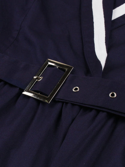 Vintage Dresses 1950s Audrey Hepburn Style Dark Navy Two Tone Belted Long Sleeve V Neck Midi Dress