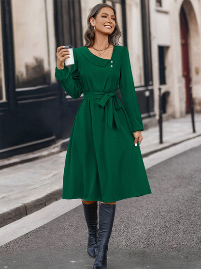 Midi Dress Asymmetrical Neck Long Sleeves Casual Early Dresses