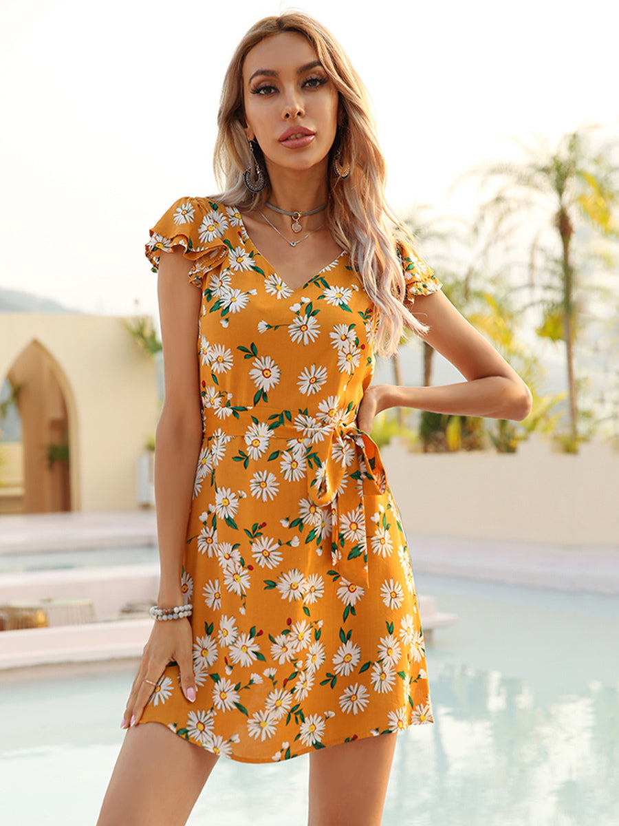 Floral Dress Mini Dresses Dresses Floral Print Sash V-Neck Short Sleeves No Open Seam Casual Summer Short