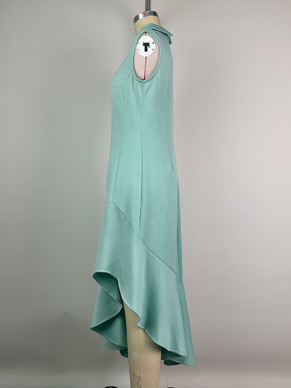 Bodycon Sleeveless Asymmetric Pleated Ruffle Trim Solid Color Split-Joint Mock Neck Midi Dresses