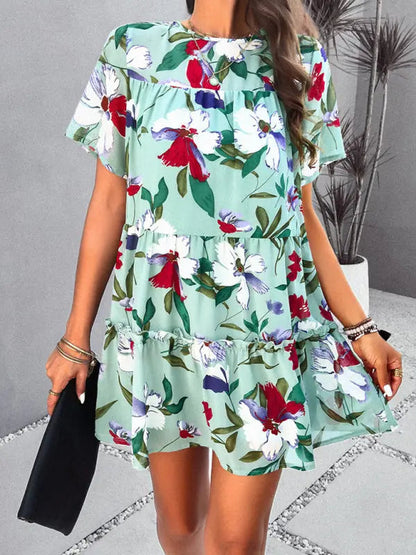 Botanical print short-sleeved tiered mini dress