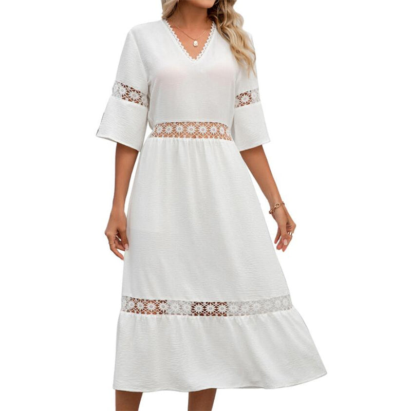Solid Color V-Neck Hollow Lace Maxi Dress for Women