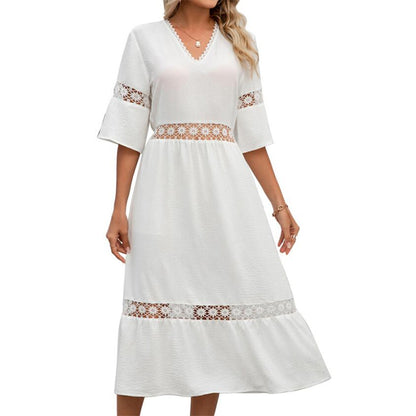 Solid Color V-Neck Hollow Lace Maxi Dress for Women