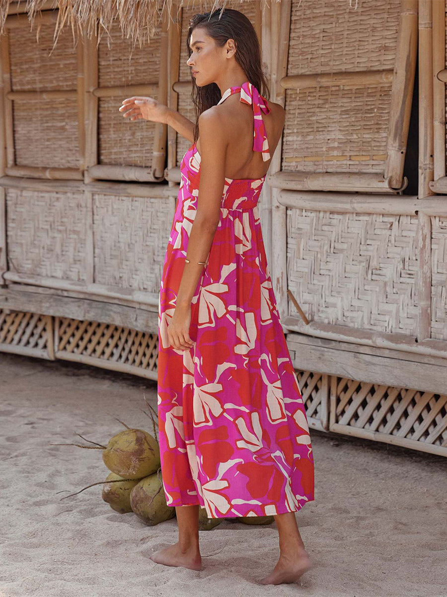 Halter Dress A-Line Printed Pleated Open Back Vacation Casual Midi Dresses