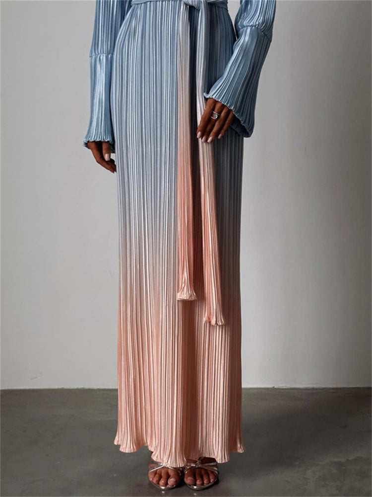 Tossy Pleated Gradient Midi Dress Women’s Lace Up New Fashion Long Sleeved Loose Pullover Female High Waist Party Dress 2024