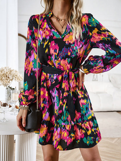 Long Sleeves Loose Printed Split-Joint Tied Waist V-Neck Mini Dresses