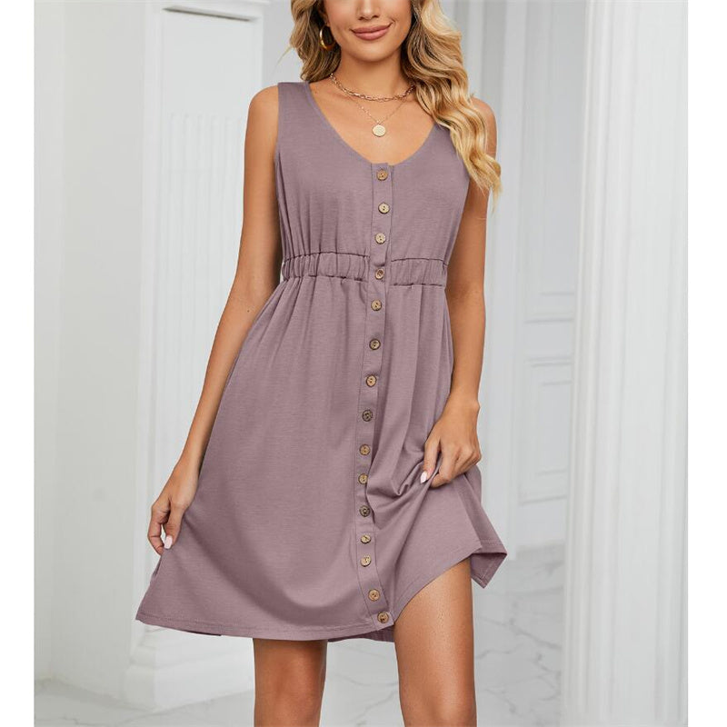 Solid Color Sleeveless Mini Dress with Button Details