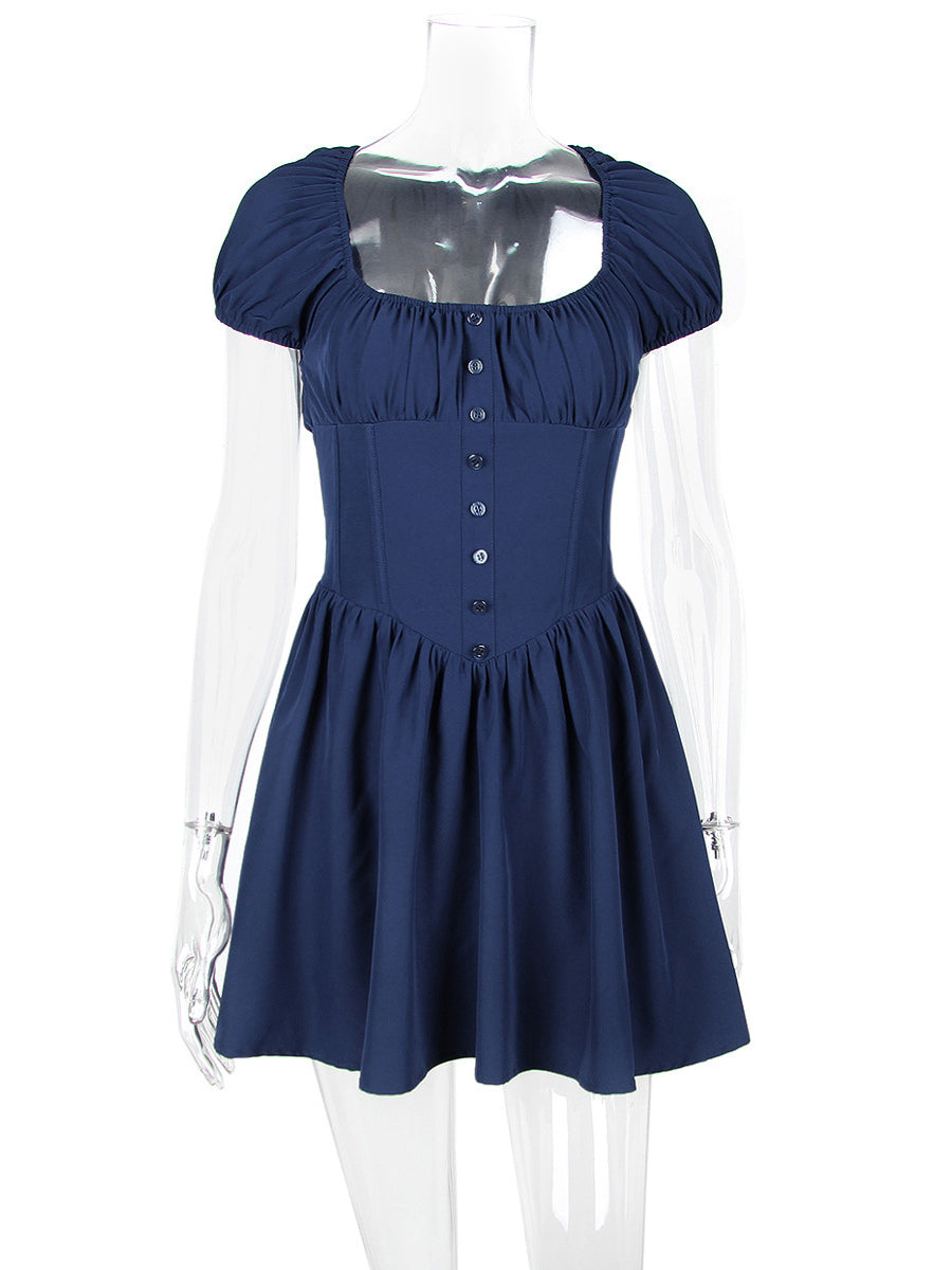 Short Dress Pleated Square Neck Puff Sleeves Graduation Party Mini Dresses