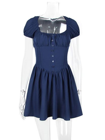 Short Dress Pleated Square Neck Puff Sleeves Graduation Party Mini Dresses
