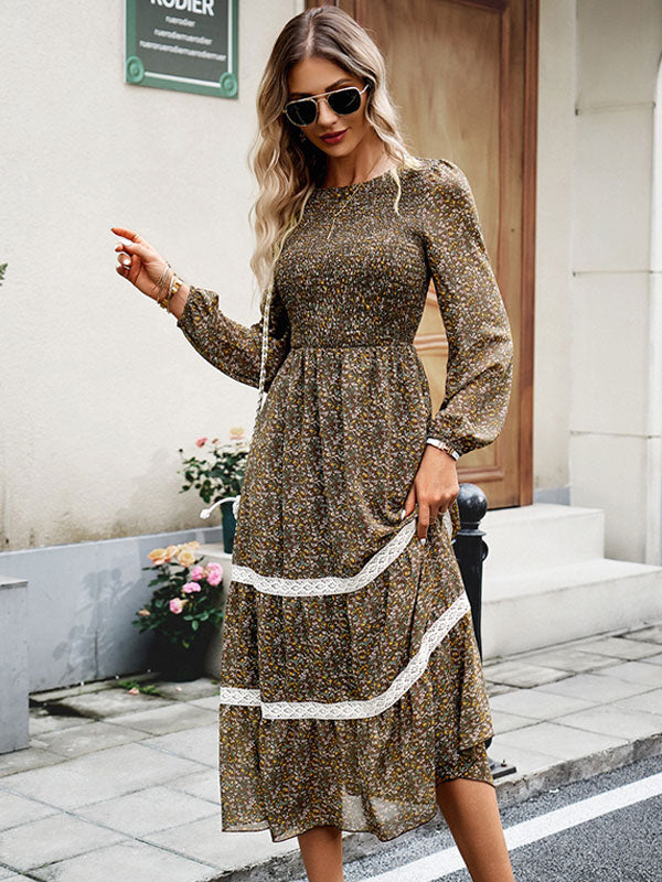 Floral Dress Layered Jewel Neck Long Sleeves Fall Midi Dress