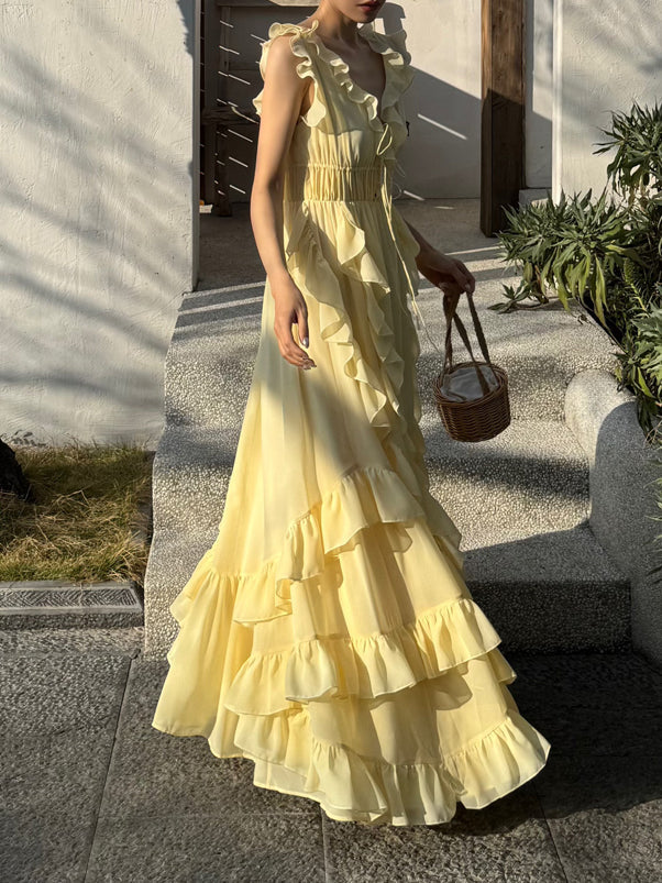 Sunset Ruffle Asymmetrical Maxi Dress – Romantic Flowy Vacation Look gunne sax vintage dress