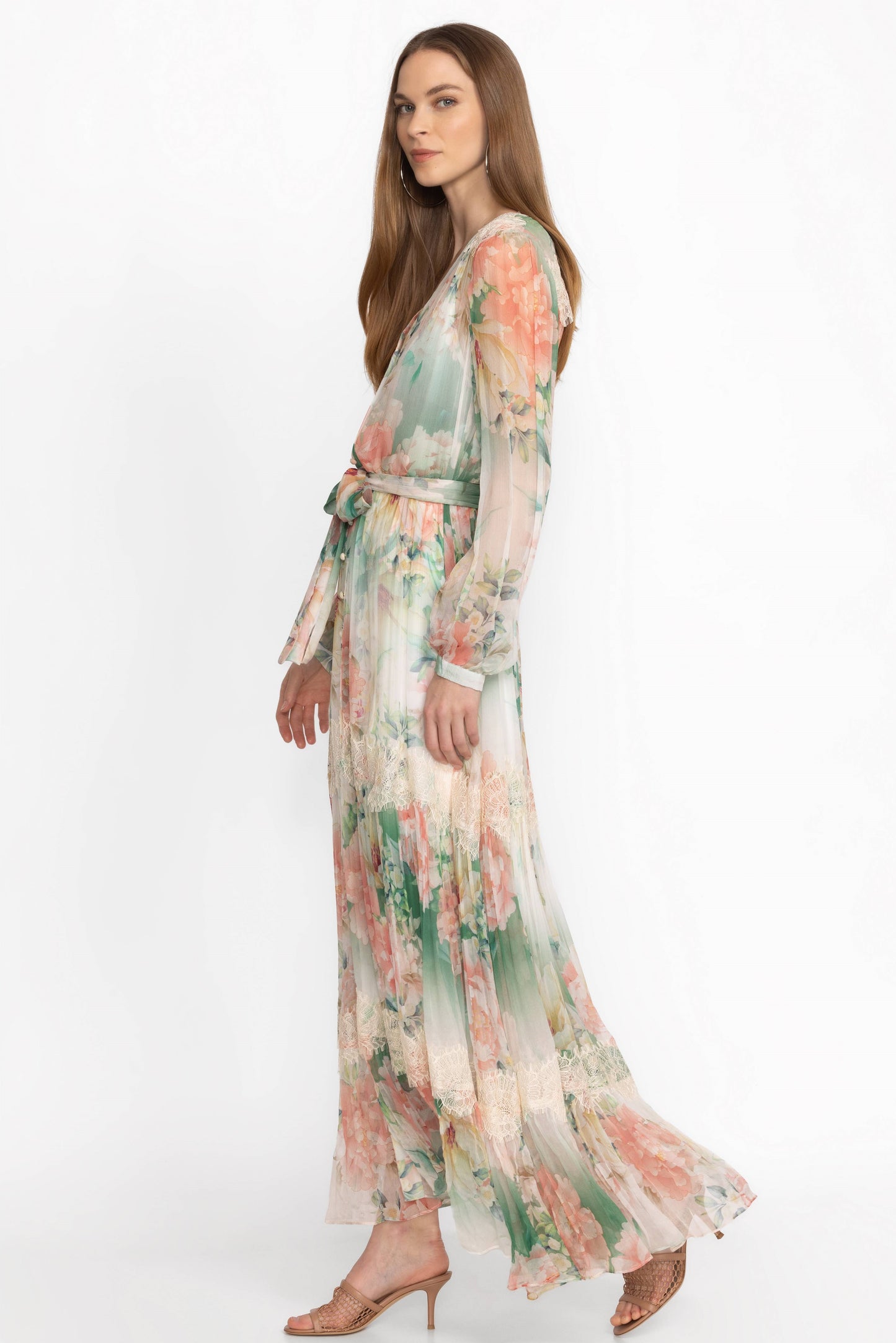 Floral Bottom Long Sleeve Midi Dress With Belt