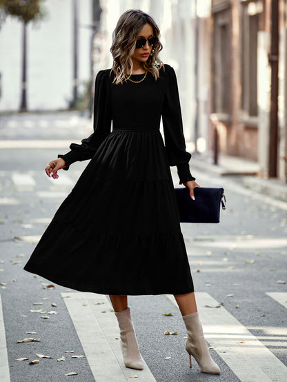 Pleated Midi Dress Lantern Sleeves Cuffs Layering Day Dresses