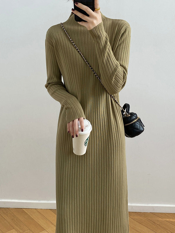 Long Sleeves Loose Fringed Solid Color Mock Neck Midi Dresses Sweater Dresses