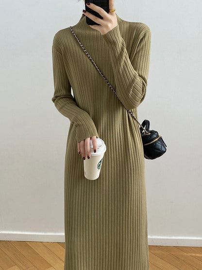 Long Sleeves Loose Fringed Solid Color Mock Neck Midi Dresses Sweater Dresses